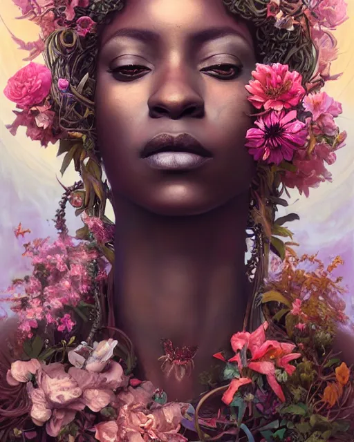 Image similar to portrait of the african queen of the underworld, surrounded by flowers by karol bak, james jean, tom bagshaw, rococo, sharp focus, trending on artstation, cinematic lighting, hyper realism, octane render, 8 k, hyper detailed.