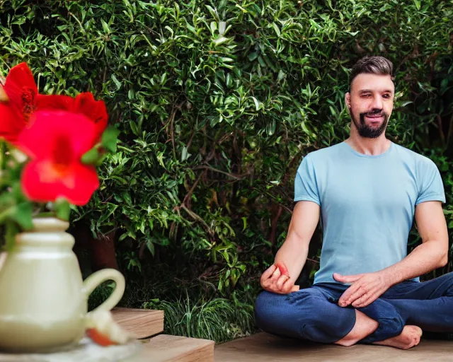 Prompt: mr robert is drinking fresh tea, smoke pot and meditate in a garden from spiral mug, detailed smiled face, muscular hands, golden hour closeup photo, red elegant shirt, eyes wide open