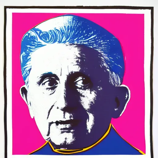 Image similar to portrait of pope benedict xvi wearing tiara on the top of his head in the style of screen print by andy warhol. pop art