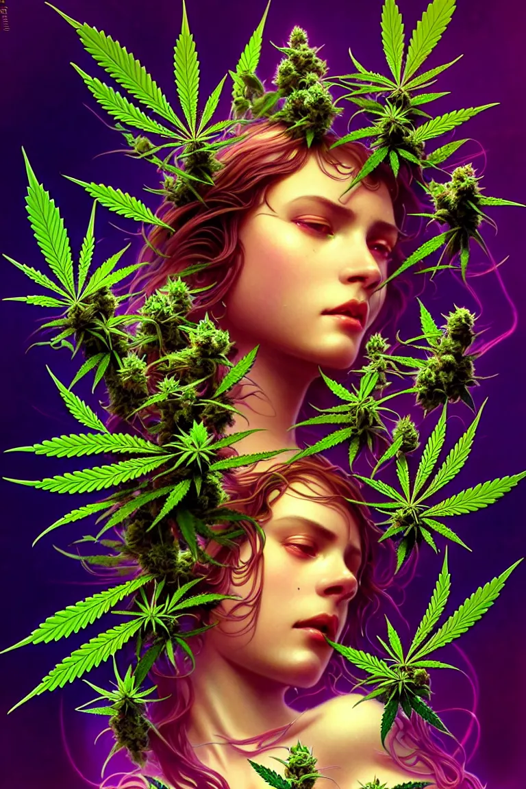 Prompt: epic scale cinematic full body marijuana goddess character concept perfect focus closeup macro photography of a beautiful marijuana bud crystals trichomes, densely packed buds of weed neon blacklight, sacred dmt weed goddess visionary fantasy art by greg rutkowski android jones artgerm alphonse mucha rule of thirds golden ratio alien plants