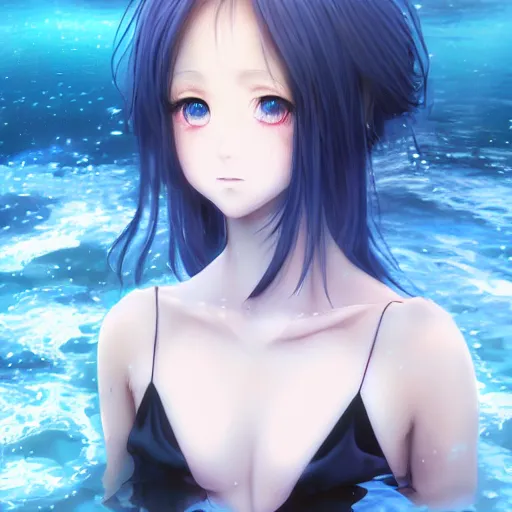 Prompt: advanced digital portrait painting photograph, a very beautiful anime girl wearing a dress made of water standing in a crystal lake turning into mist , full body, very long black hair, azure blue watery eyes, full round face, seductive stare, cinematic lighting, medium shot, mid-shot, highly detailed, trending on artstation, Unreal Engine 4k, Stanley Artgerm Lau, WLOP, Rossdraws, James Jean, Andrei Riabovitchev, Marc Simonetti, and Sakimichan