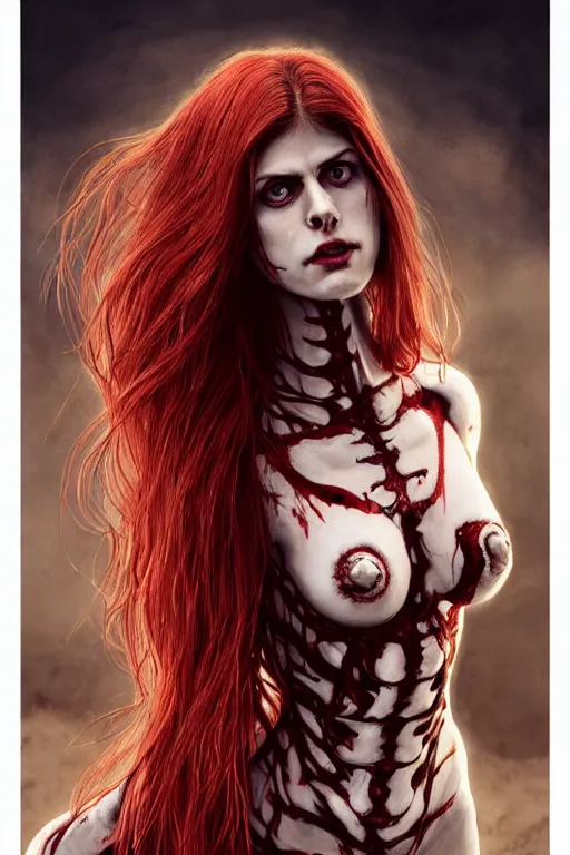 Image similar to woman skeleton body!!, black bones!!, covered with blood, alexandra daddario face!!, long red hair, ultra realistic, concept art, intricate details, highly detailed, photorealistic, octane render, 8 k, unreal engine. retro film still, heavy grain, 3 5 mm, art by artgerm and greg rutkowski and alphonse mucha