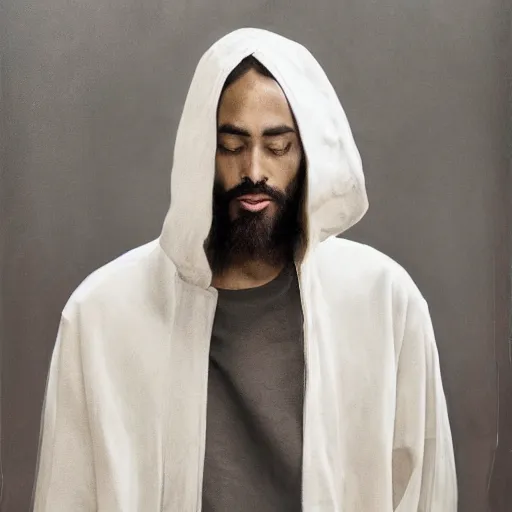 Image similar to a full body portrait of modern day jesus wearing cream jerry lorenzo fear of god menswear collection by nicola samori, hat and hoodie, detailed, oil painting, hyper realistic, 8 k, yeezy collection