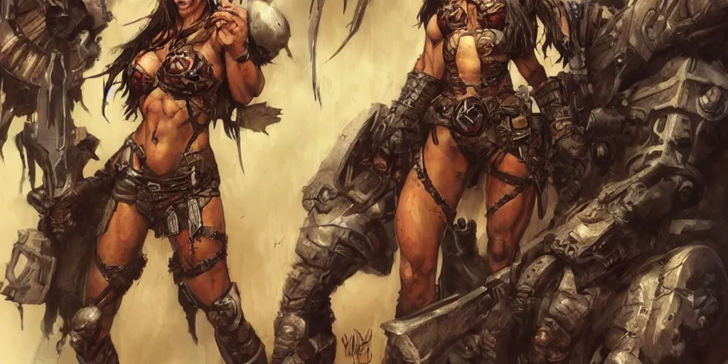 Image similar to Simon Bisley female warrior, artstation