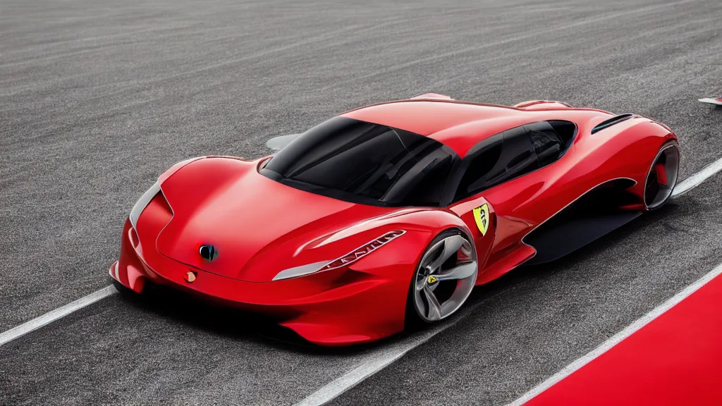 Image similar to photo of a ferrari concept car on racetrack, cinematic, fine details, symmetrical, 4 k