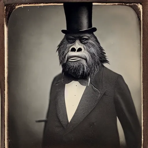 Image similar to a vintage wet plate portrait of a dignified bigfoot with a top hat and cane, extremely detailed, by angus mcbeanbigfoot!!!!!!!!!!!!!!!!!!