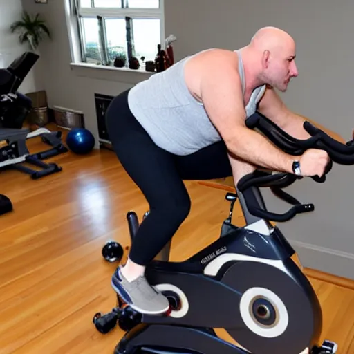 Image similar to chonky bald head with a grey closely shaven beard ethan van sciver working out vigorously on his peloton exercise bike