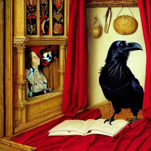 Image similar to a highly detailed painting of a raven, dressed in elegant tudor clothes, inside a room with thick red tapestries, by hans holbein