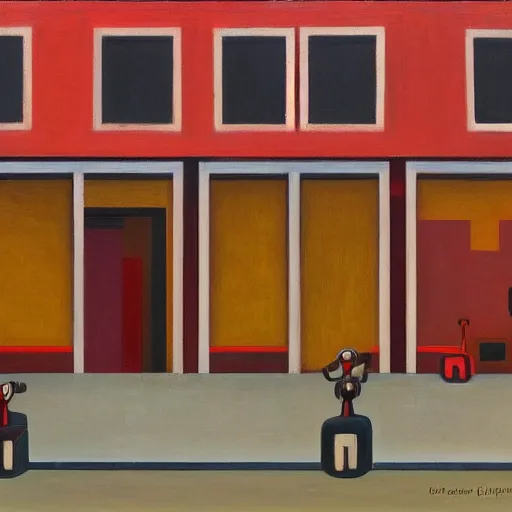 Image similar to red robots queue up in a drab brutalist town, street elevation, grant wood, pj crook, edward hopper, oil on canvas