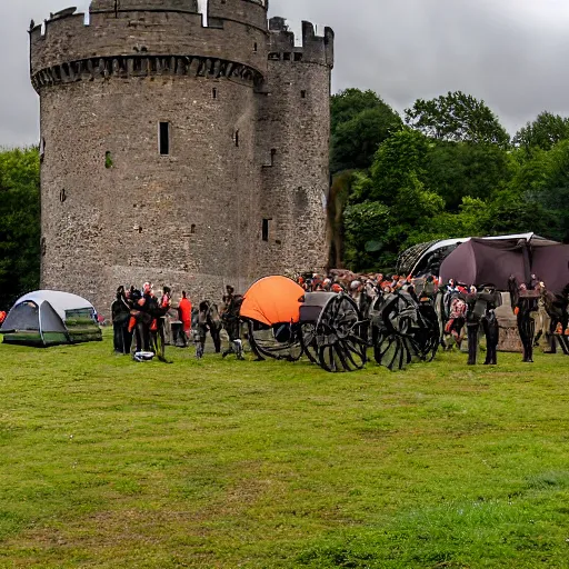 Prompt: an army camped around a medieval castle, trebuchet and other artillery at the ready, 1200s, English country side, cloudy and rainy,