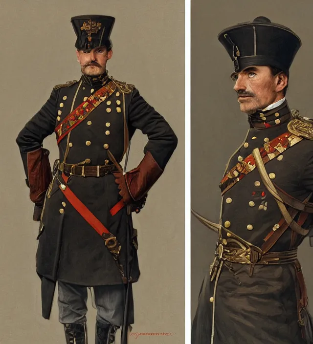 Prompt: portrait of an austrian man wearing a traditional nineteenth century austro - hungarian empire military uniform, metal shoulder pauldrons, intricate, highly detailed, digital painting, artstation, concept art, sharp focus, cinematic lighting, illustration, art by artgerm and greg rutkowski, alphonse mucha, cgsociety