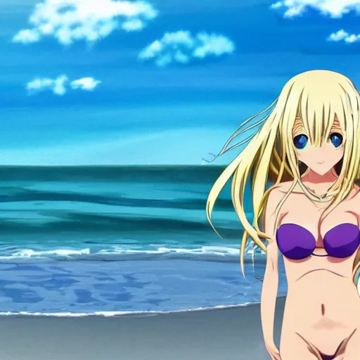 Image similar to anime visual of very cute girl with long blonde hair, at the beach in a blue bikini, highly detailed