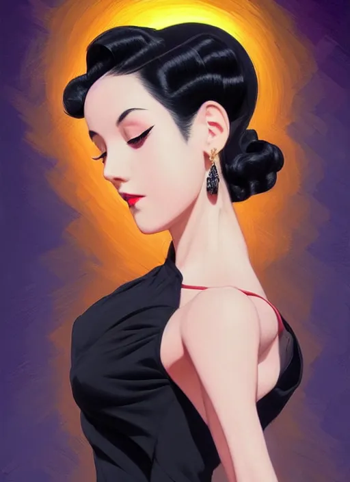 Image similar to a beautiful dancer with black hair in 1930's fashion, ballroom background, intricate, highly detailed, digital painting, artstation, official media, anime key visual, concept art, rich vivid colors, ambient lighting, sharp focus, illustration, art by Artgerm, Makoto Shinkai, Ilya Kuvshinov, Lois Van Baarle, and Rossdraws