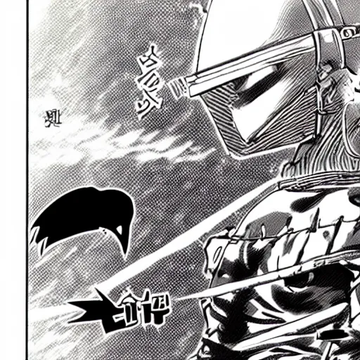 Prompt: knight driving a car, dragon blowing fire above, manga panel, ONE, Murata, Berserk