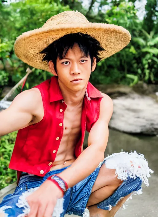 Image similar to A full portrait photo of real-life luffy one piece, f/22, 35mm, 2700K, lighting, perfect faces.