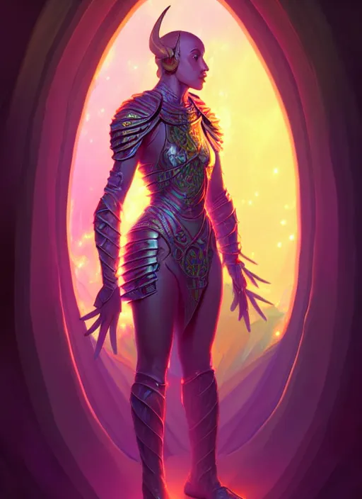 Image similar to a knight faceless glowing liquefied stardust adventurer, dnd fantasy character, full body portrait, glowing neon skin, magical aura, ultra realistic, intricate, elegant, highly detailed, digital painting, artstation, smooth, sharp, focus, illustration, art by artgerm and greg rutkowski and alphonse mucha and dan mumford, sacred geometry