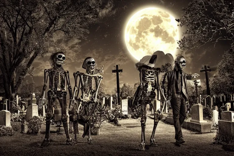 Prompt: rockers skeletons in leather jackets with electric guitars in the hands in a cemetery, evil faces, dark night, full moon, the oak tree, highly detailed digital art, photorealistic