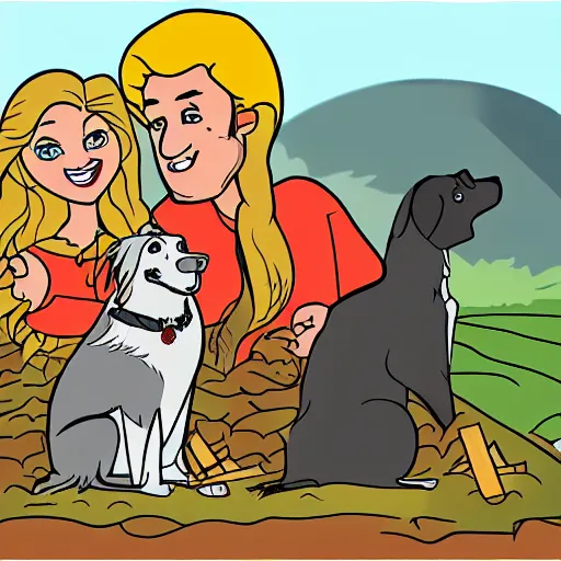 Prompt: cartoon of hillbilly with long blonde hair at a bonfire with his australian shepherd