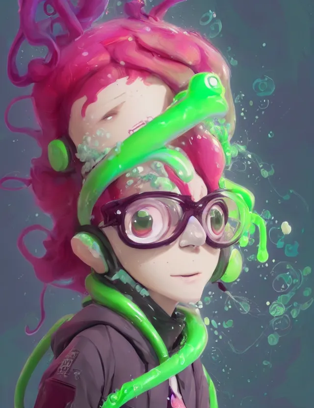 Image similar to a beautiful portrait of a cute splatoon anime male with pink tentacle hair wearing a green hoodie. character design by cory loftis, fenghua zhong, ryohei hase, ismail inceoglu and ruan jia. artstation, volumetric light, detailed, photorealistic, fantasy, rendered in octane