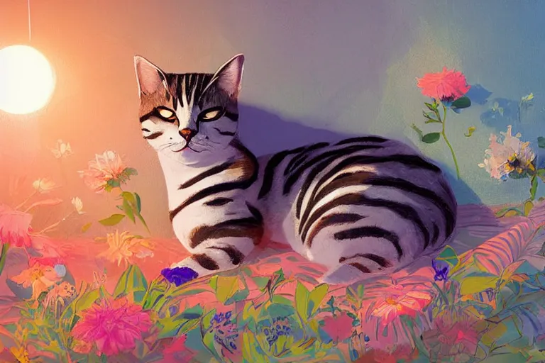 Image similar to a digital art of an american shorthair sleeping in the room with flowers around in the afternoon, the sun shines in, animal, light effect, highly detailed, by anton fadeev