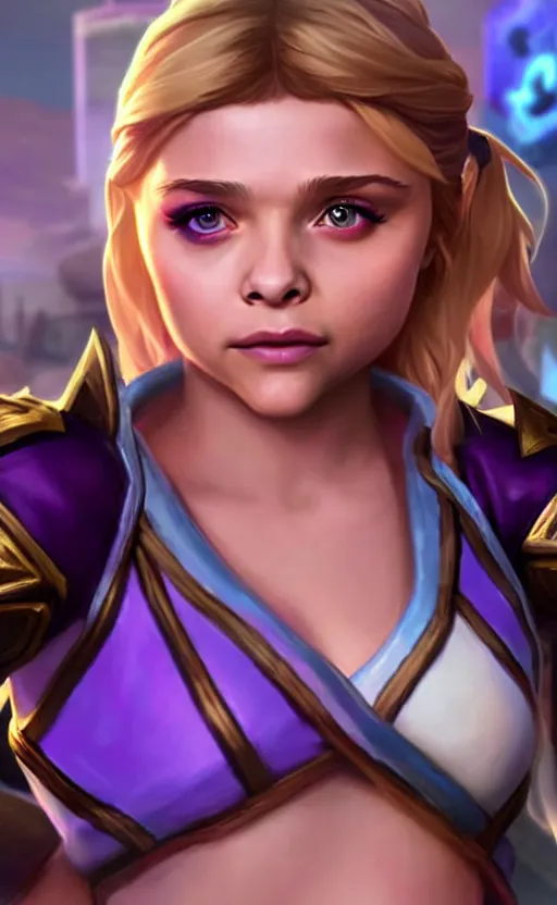 Image similar to Chloë Grace Moretz as a character in the game League of Legends, with a background based on the game League of Legends, detailed face, old 3d graphics