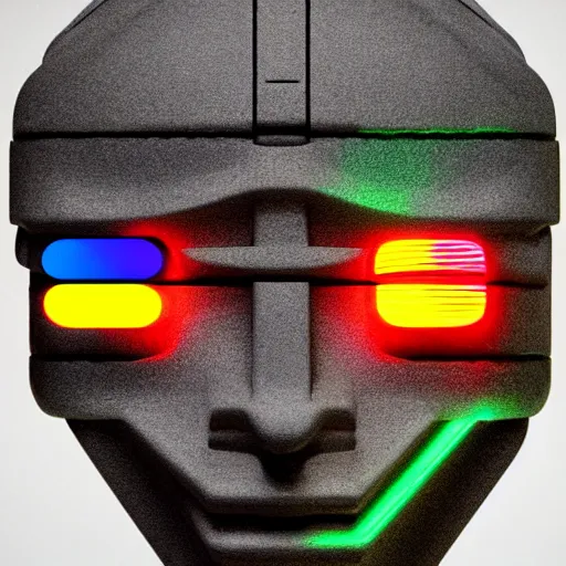 Prompt: claymodel of a cyberpunk aztec futurism robot head, 8 k, symetrical, flourescent colors, halluzinogenic, multicolored, insanely integrate, black background, 3 d render,