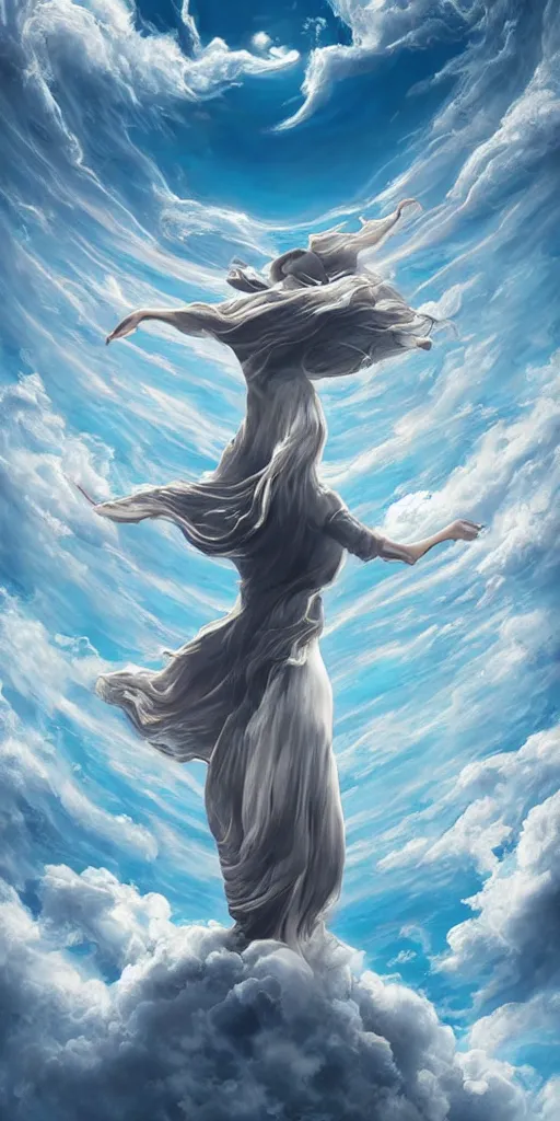 Image similar to symmetry!! she is falling from heaven, heavenly landscape, swirling clouds, serene, peace, very detailed, perfect composition, perfect lighting, 4 k, tim white, artgerm