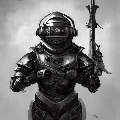 Prompt: knight pepe, scifi, power armor, mechasuit, medieval pepe, futuristic sword, heavy gun, armored, helmet, military, heavy, modern, gaz mask, black and white, concept art, bust portrait, Nekro, Tom Bagshaw, Craig Mullins, ventail, exsokeleton