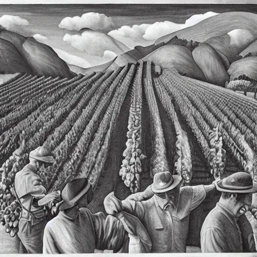 Image similar to Hyperrealism traditional austrian vineyard with workers, painting by MC Escher