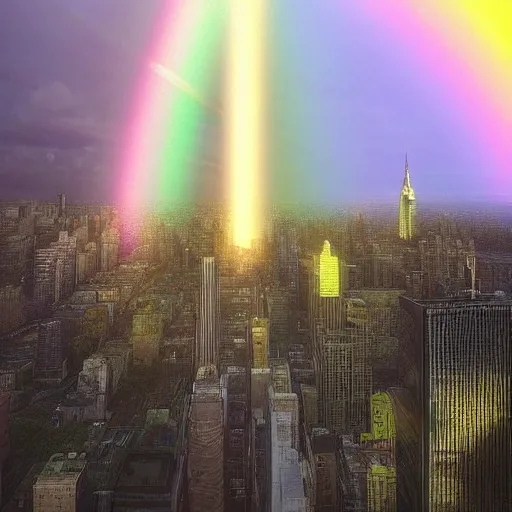 Prompt: “ a giant fairy creates a rainbow over new york city at night, unreal engine, hyper realistic, award winning, detailed lighting, lush tropical plants surrounding tall skyscrapers, art style by carlos ochagavia, science fiction. ”