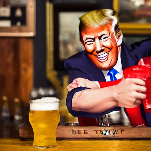 Prompt: portrait of trump grinning and offering a pint of beer to the viewer, realistic, detailed, 4 k, photography