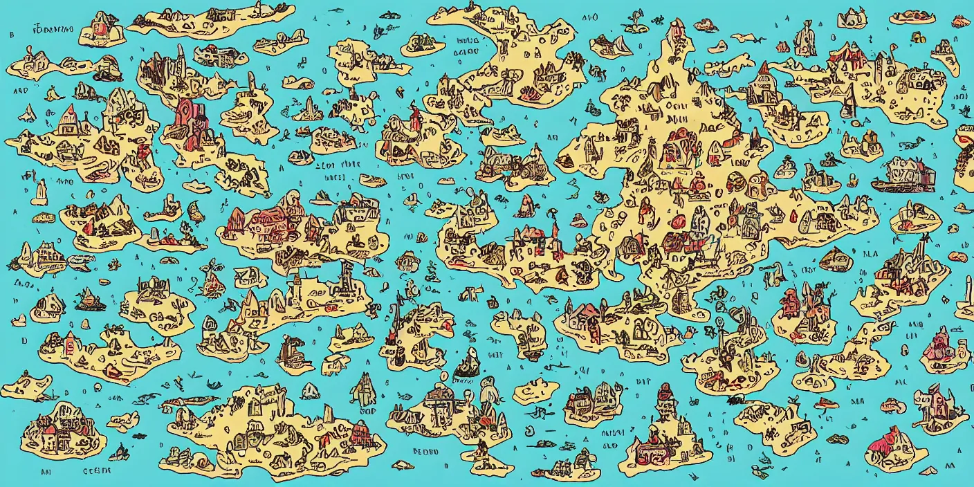 Image similar to a rpg map with regions in separated colors surrounded by ocean detailed, flat colors and strokes illustrated by Mattias Adolfsson