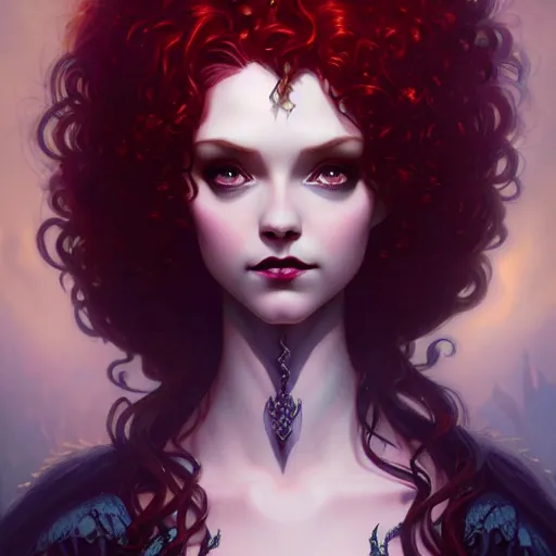 Prompt: a dark gothic version of Princess Merida, face, fantasy, intricate, elegant, highly detailed, digital painting, artstation, concept art, smooth, sharp focus, illustration, art by Cynthia Shephard and Fernanda Suarez and Artem Demura and alphonse mucha