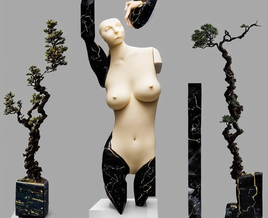 Image similar to beautiful mannequin sculpted out of onyx by billelis + lit with geometric neon printed lavender kintsugi + doorway opening to a new dimension with geometric fractal vaporwave light + flowering bonsai trees!!!!, transcendent, clean linework, dramatic, moody, finely detailed, 4 k, trending on artstation, award winning, photorealistic, volumetric lighting, octane render