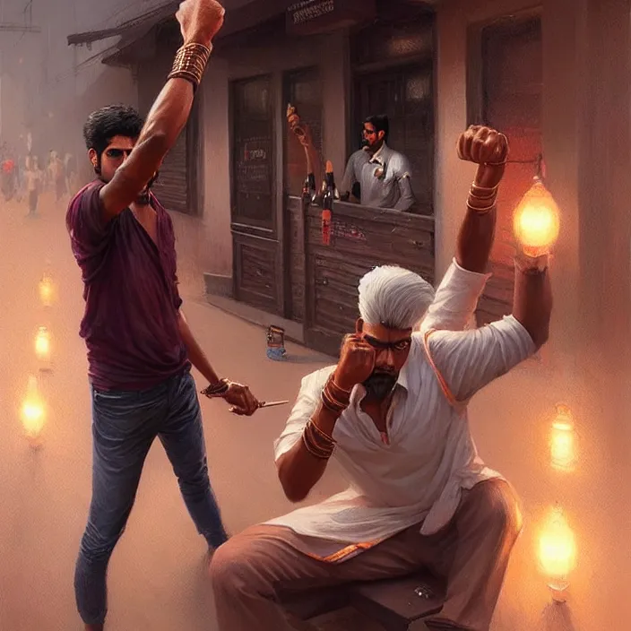 Prompt: portrait of tall indian man punching a short white man outside a bar, elegant, real life skin, intricate artwork, high detailed, artstation, concept art, smooth, sharpz focus, art by artgerm and greg rutkowski