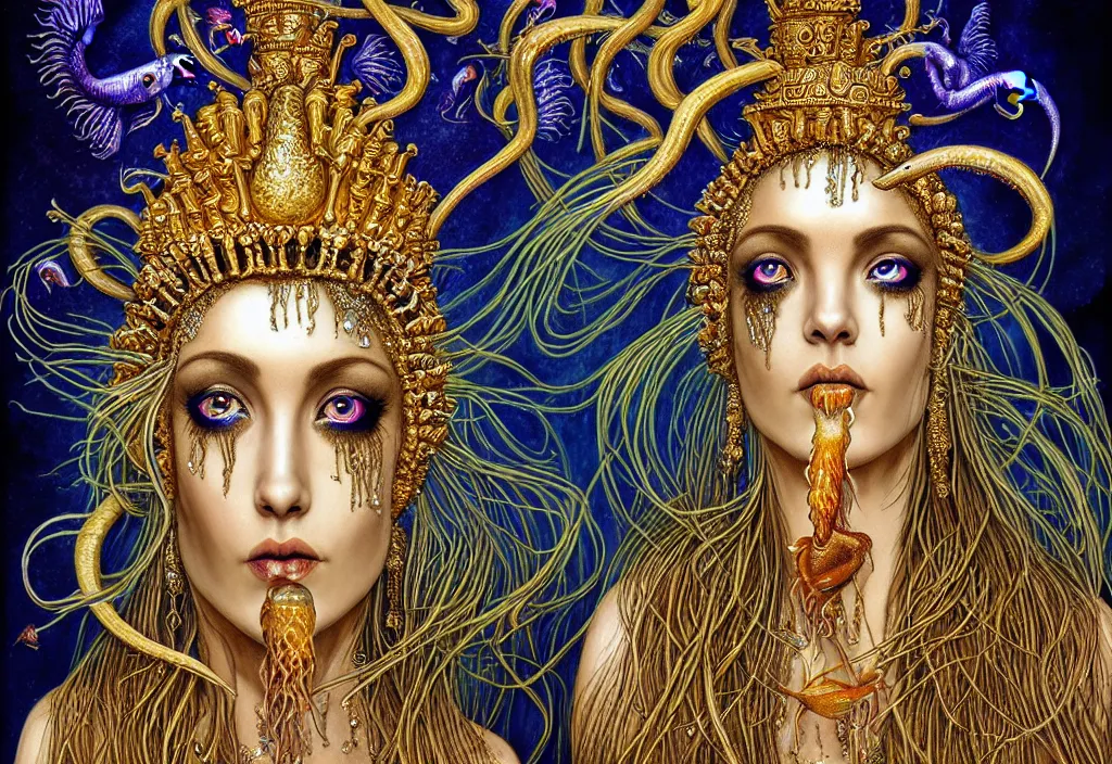 Prompt: isis goddess macro close - up portrait with extremely detailed crown made of ram skull dripping gold + betta fish + jellyfish, in the style of michael cheval, bioluminiscent, plasma, wind, creature