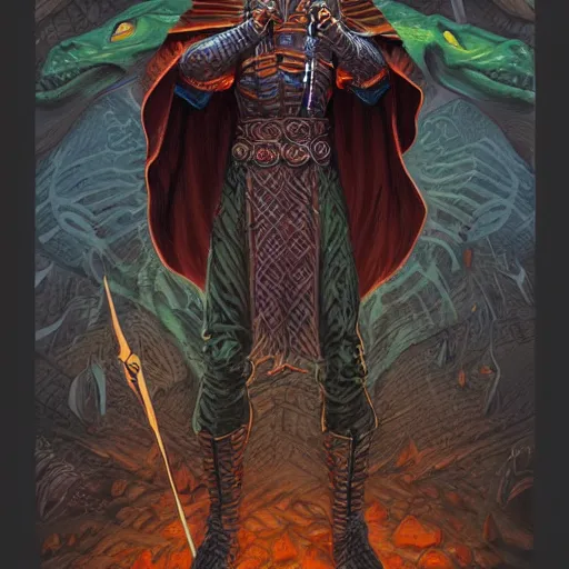 Image similar to symmetry!, a anthro reptile warrior wearing cloak, dnd illustration by jeff easley and dan mumford, character concept trending on artstation