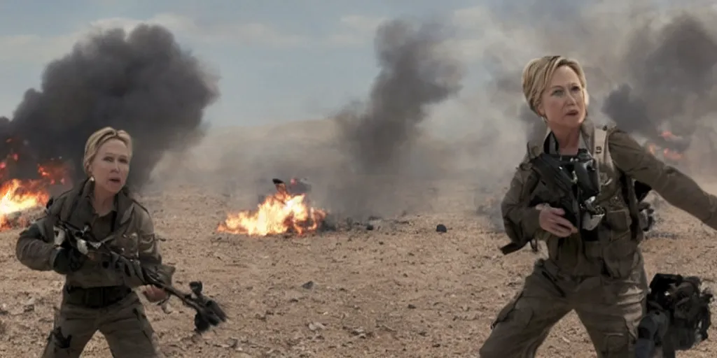 Image similar to movie still of hilary clinton fighting in libya, focused shot, realistic, smoke, fire, octane render