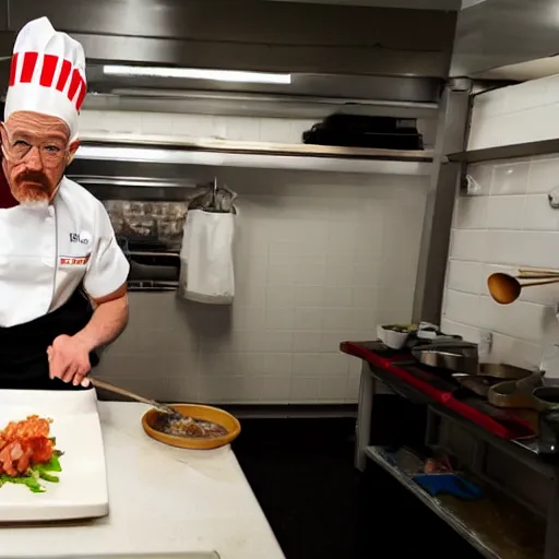 Image similar to photo of Walter white cooking sushi wearing a maid costume