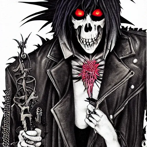 Prompt: a portrait of the grim reaper as a punk rocker, punk, skeleton face, mohawk, dark, fantasy, leather jackets, spiked collars, spiked wristbands, piercings, boots, electric guitars, motorcycles, ultrafine detailed painting by frank frazetta and vito acconci and michael whelan and takeshi obata, death note style, detailed painting