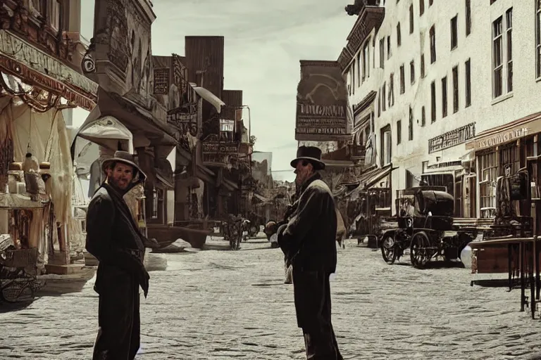 Prompt: vfx film closeup, oldtimer over the shoulder argument in the street of an old west town, western film, flat color profile low - key lighting award winning photography arri alexa cinematography, hyper real photorealistic cinematic beautiful natural skin, famous face, atmospheric warm colorgrade