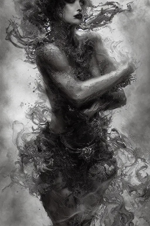 Image similar to portrait of a demon void woman sensual surrounded by smoke fumes, pen and ink, intricate line drawings, by craig mullins, ruan jia, kentaro miura, greg rutkowski