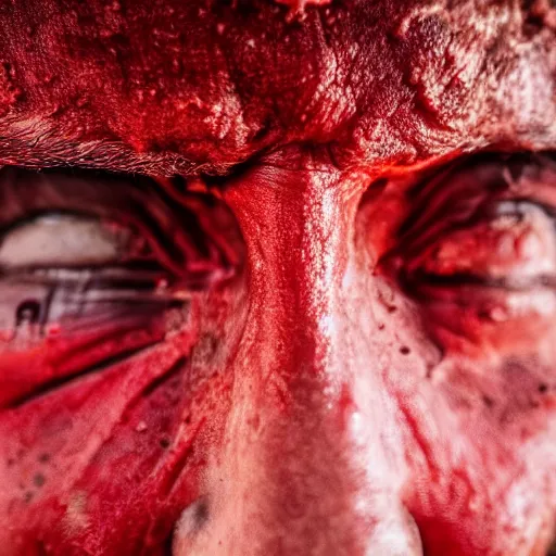 Image similar to extreme closeup of sweaty red person, wideangle