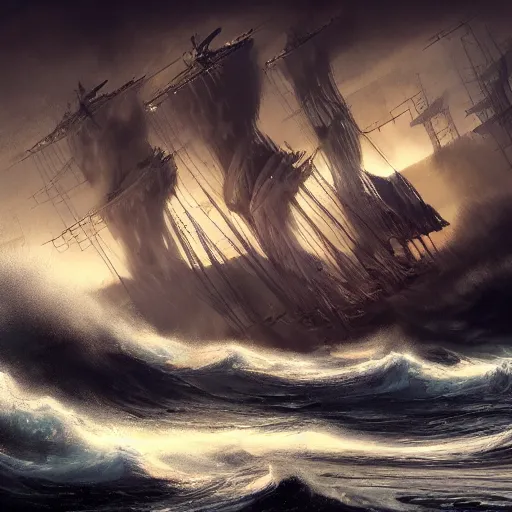 Prompt: A large ship sailing through stormy seas, with waves crashing against its sides, illustration, epic, fantasy, hyper detailed, smooth, unreal engine, sharp focus, trending on artstation