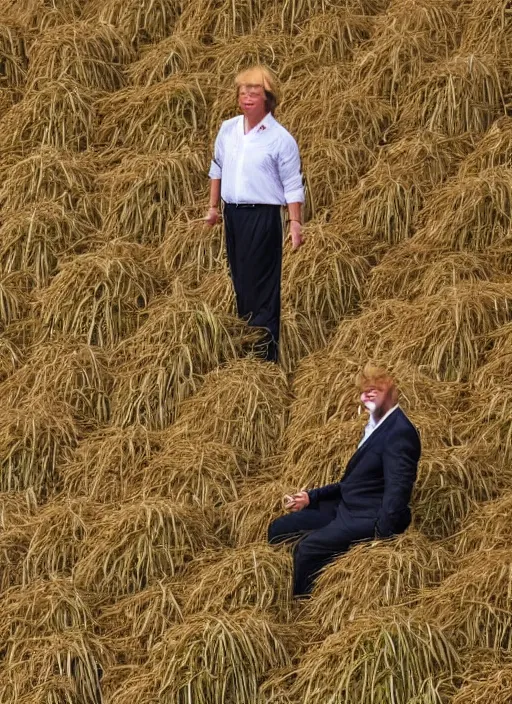 Image similar to a full body portrait of a person looking like donald trump working in rice field in mountains, hot sun, by chinese artists