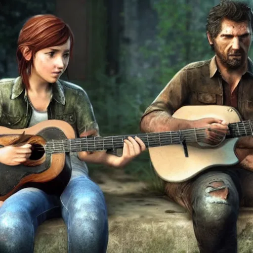 Image similar to Ellie and Joel from the last of us playing the guitar