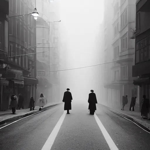 Prompt: people with modern european formal cloting going to their office walking on wide side road,modern san francisco,misty morning with long shadows,fan ho photography