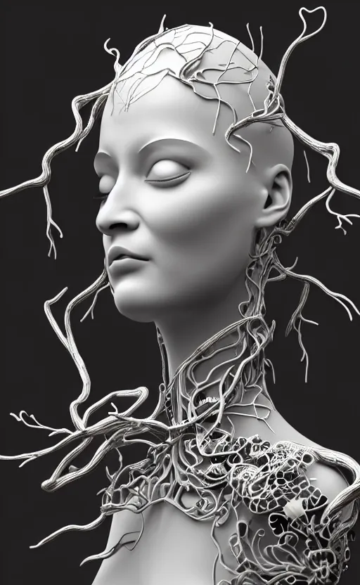 Prompt: black and white complex 3d render of 1 beautiful profile woman porcelain face, vegetal dragon cyborg, 150 mm, sinuous silver metallic ghost orchid and magnolia stems, roots, leaves, fine foliage lace, maze-like, black metalic carbon armour with silver details fractal, anatomical, surrounded by smoke, facial muscles, cable wires, microchip, elegant, highly detailed, rim light, octane render, H.R. Giger style, David Uzochukwu