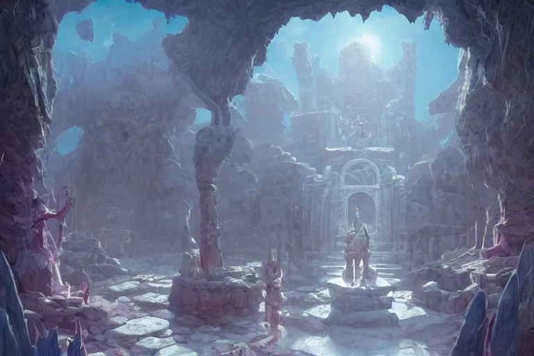 Image similar to point perspective dungeon dangerous fantasy dungeon the humble worshippers of the god of ices must bloom a farm for days and days. They have special swords they use in their ceremonies.,by artgerm and Craig Mullins, James Jean, Andrey Ryabovichev, Mark Simonetti and Peter Morbacher 16k