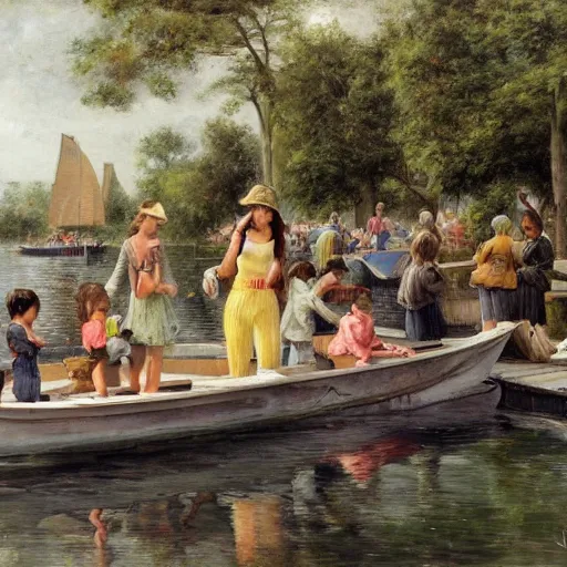 Image similar to The street art depicts a group of well-dressed women and children enjoying a leisurely boat ride on a calm day. The women are chatting and laughing while the children play with a toy boat in the foreground. figurativism by Daniel Ridgway Knights, by John Hejduk mournful